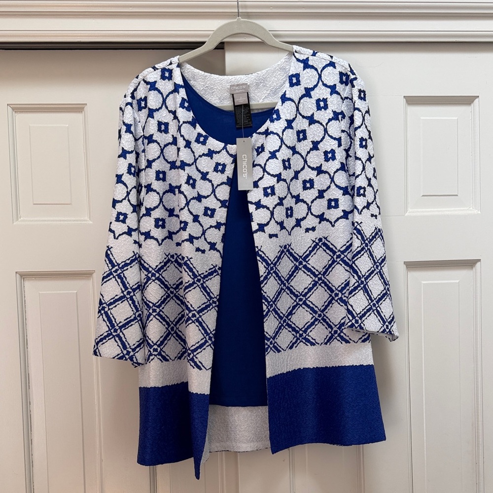 Chico's Royal Blue and White Patterned Open Cardigan sold with tank top